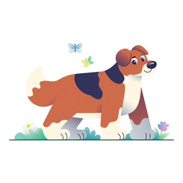 A mixed-breed dog with a sturdy build and unique markings is standing on a grassy area. Its coat is a blend of colors, showcasing a rich brown with patches of white and black. The dog's ears are floppy and slightly oversized, reflecting its diverse lineage. Its eyes are bright and expressive, with a hint of curiosity. The tail is medium-length and wagging, indicating an energetic personality. Surrounding the dog are some colorful flowers and a few butterflies fluttering in the background, adding a lively touch to the scene.