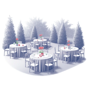 A vintage garden party scene is set outdoors. Several tables are arranged in the space, each decorated with intricate tablecloths. Each table features beautiful poppy centerpieces, showcasing the delicate petals and distinct shapes of the flowers. Chairs are placed around the tables, some with guests seated and enjoying their time. The background is filled with lush greenery, including trees and hedges, creating a natural frame for the gathering. Small decorative items, such as vintage tea sets or lanterns, are scattered across the tables, adding charm to the overall setting.