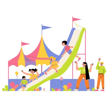 A vibrant carnival scene with a large, colorful slide towering in the background. Three kids are gleefully sliding down, each child wearing bright clothing. One child has a red shirt and blue shorts, another is in a yellow dress with pink polka dots, and the third is wearing a green t-shirt and orange pants. Their expressions are filled with joy and excitement as they race to the bottom. Surrounding the slide are colorful tents and decorations, with balloons and streamers adding to the festive atmosphere. A few spectators are cheering and clapping at the side, creating a lively ambiance.