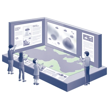 A large interactive display in a museum dedicated to meteorology. The display features a prominent screen showcasing animated occluded fronts moving dynamically across a stylized map of a weather pattern. Surrounding the screen, there are illustrated diagrams depicting various weather phenomena, including clouds, rain, and storm systems. Visitors are engaged with the display, pointing and interacting with touch-sensitive elements that provide additional information. The environment is filled with educational signage explaining the science behind each weather event, and the overall atmosphere is lively with people observing and learning.