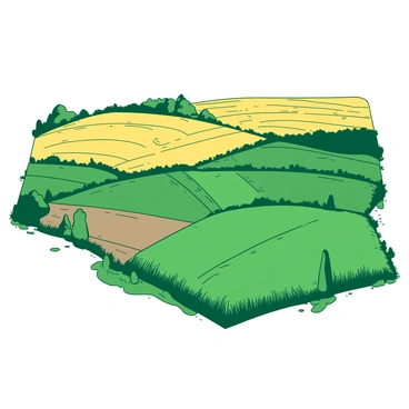 A duotone landscape featuring a patchwork of farmland fields in various shades of green and gold from a bird's-eye view. The fields are divided by thin dirt paths and small hedgerows that create distinct sections. In the foreground, there are patches of lush green crops, while further back, golden wheat fields sway gently in the breeze. The overall composition highlights the geometric patterns created by the fields, reflecting the beauty of agricultural land.