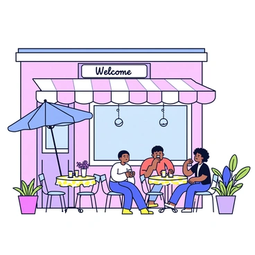 A quaint café with a charming facade painted in soft pastel colors. The café features a cozy outdoor seating area with small round tables and elegant metal chairs. Each table is topped with a cheerful checkered tablecloth. There are potted plants and flowers adding a touch of nature around the seating area. A large umbrella provides shade over one of the tables. Customers are sitting at the tables, sipping warm beverages from elegant cups. The café sign hanging above the entrance reads "Welcome" in a friendly font.