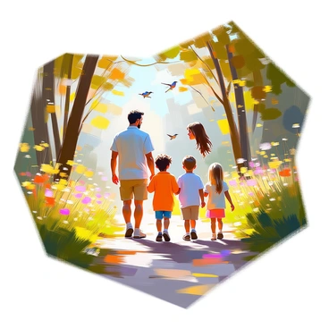 A family of four is walking along a nature trail in one of Bournemouth's parks. The parents, with light skin, are leading the way, while two children, one with curly brown hair and the other with straight blond hair, are following closely behind. The trail is lined with dense, lush green foliage, including tall trees and vibrant shrubs. Sunlight filters through the leaves, casting dappled shadows on the ground. The family is dressed in casual outdoor clothing, and they appear engaged in conversation, pointing out various plants and wildlife along the path. Birds can be seen flitting between the branches above.