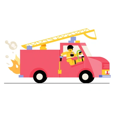 A red LEGO fire truck with a bright yellow ladder extended, racing towards an emergency scene. Two LEGO firefighters are positioned on the truck, one holding a hose while the other prepares to jump off. The truck has black wheels and white detailing, with blue lights flashing on top. In the background, a small flame is visible, indicating the fire they are responding to, with smoke rising into the air. The scene conveys urgency and teamwork as the firefighters spring into action.