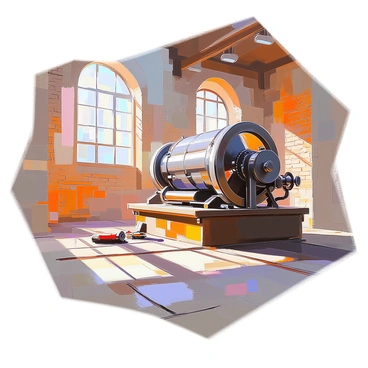 An old-fashioned factory is depicted with sturdy brick walls that display signs of age and character. Inside, there is a large expanse filled with intricate metal machinery, showcasing gears and levers that hint at the industrious atmosphere. The floor is made of worn wooden planks, and there are large windows allowing streams of light to illuminate the space. A few scattered tools and remnants of past work are visible around the machinery, adding to the historical context of the scene.