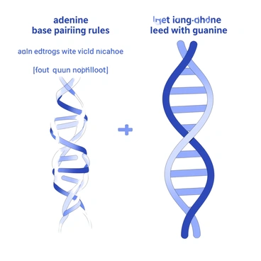 A diagram displays the structure of DNA highlighting the base pairing rules. On the left side, there is a representation of "adenine" paired with "thymine," showcasing two hydrogen bonds between them. On the right side, "cytosine" is shown paired with "guanine," illustrating three hydrogen bonds connecting the two. The bases are positioned on a twisted ladder structure, emphasizing their connections to the sugar-phosphate backbone. Each base pairing is clearly labeled for easy identification.