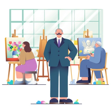 A man with a distinctive mustache and a formal Soviet-era suit is standing in an art studio. He is observing artists as they work on various canvases. To his left, a young woman with brown hair is painting a still life featuring vibrant flowers in a vase. To his right, an older man with gray hair is sculpting a figure from clay. The studio is filled with natural light streaming through large windows, illuminating the tools and materials scattered around, including paintbrushes, palettes, and several unfinished artworks on easels. There are colorful splashes of paint on the wooden floor, adding to the creative atmosphere.