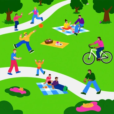 A vibrant city park filled with lush green grass and colorful flower beds. Several groups of people are engaged in various activities. In one area, two friends are playing frisbee, leaping and stretching to catch the bright, colorful disc. Nearby, a family is enjoying a picnic on a blue and white checkered blanket, surrounded by a basket filled with fruits and sandwiches. A couple is riding bicycles along a winding path, smiling as they pass by the groups. Children are laughing and running around, adding to the lively atmosphere of the park filled with trees and sunshine.