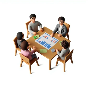 A family consisting of four members is gathered around a wooden dining table. The table is covered with a colorful budget plan chart filled with graphs and charts in various bright colors. The parents, a man with short dark hair and a woman with long wavy hair, are seated on opposite sides of the table. Their two children, a boy with glasses and a girl with curly hair, are sitting across from them, engaged in the discussion. The chart prominently displays sections for income, expenses, and savings, surrounded by scattered notes and a calculator. The family members appear focused and animated as they discuss the budget together.