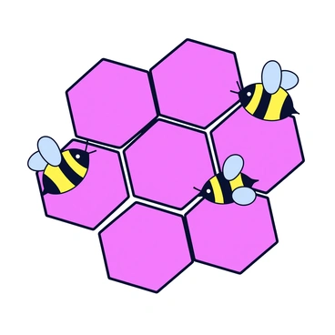 Raspberry-colored honeycomb pattern with bees flying around