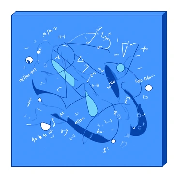A blue canvas is filled with an intricate arrangement of white algebraic equations flowing in various directions. Geometric shapes, such as circles, triangles, and rectangles, are overlaid on the equations, each shape exhibiting a different size and orientation. The equations intertwine with the shapes, creating a dynamic sense of movement across the canvas. Some equations appear bold and larger, while others are delicate and faint, contributing to the overall complexity of the composition. The contrast between the blue background and the white elements enhances the visual impact of the artwork.