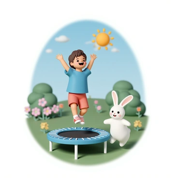 A child, wearing a bright blue t-shirt and red shorts, is joyfully bouncing on a trampoline. The child has short brown hair and a big smile, arms raised in the air. Beside the child, a fluffy white rabbit with floppy ears is also bouncing, its ears flapping as it jumps. The trampoline is surrounded by a lush green yard filled with colorful flowers and a clear blue sky overhead, with the sun shining brightly.
