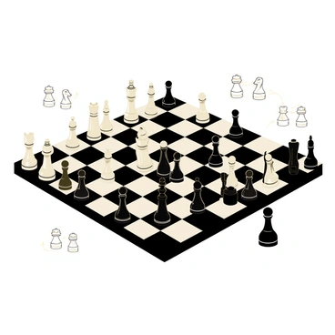 A large square chessboard with alternating black and white squares is depicted in the center of the image. On the board, various chess pieces are arranged in the midst of a game, showcasing a mix of white and black pieces. Each piece is intricately detailed, with the white pieces reflecting light and the black pieces appearing slightly shadowed. Surrounding the board are several pencil sketches depicting individual moves, with arrows indicating the paths of the pieces. The sketches include close-ups of specific pieces being moved and strategic positions of the board. The overall scene captures the tension and complexity of the ongoing chess game.