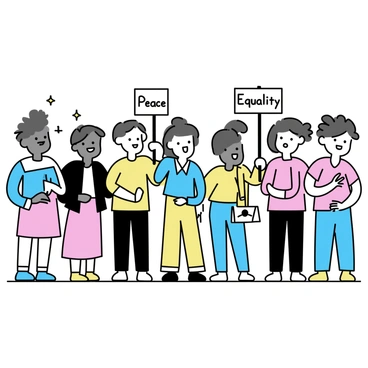 A diverse group of people stands together, each holding signs that read "Peace" and "Equality." The individuals represent various ethnicities and backgrounds, showcasing a rich tapestry of cultures. Some wear traditional clothing, while others are in modern attire. Each person displays a sense of unity and purpose as they gather shoulder to shoulder in a public space, expressing their support for the cause. The signs are colorful and distinct, adding vibrancy to the scene.