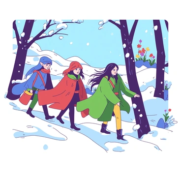 A group of elves is trekking through a snowy forest, each wearing vibrant cloaks in different colors. The elves are depicted with pointed ears and long hair flowing freely in the winter breeze. Snowflakes are gently falling around them, creating a soft layer of white on the ground. The trees surrounding the elves are tall and covered in a thick blanket of snow, with some branches bending under the weight. Each elf is carrying a small satchel, and their expressions are focused as they navigate the snowy terrain. In the background, a hint of colorful wildflowers peeks through the snow, adding contrast to the winter scene.