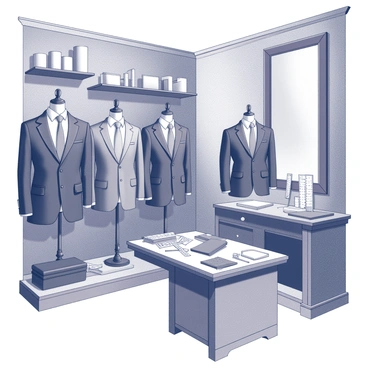 A tailor shop with rich wooden cabinetry and a polished wooden floor. The shop features several suits hanging on display, each carefully tailored and arranged on elegant mannequins. Various fabrics, including swatches of different textures and patterns, are neatly laid out on a nearby table. The walls are adorned with measuring tapes and crafting tools, emphasizing the bespoke nature of the shop. A large mirror reflects the ambiance, creating a sense of sophistication and attention to detail.