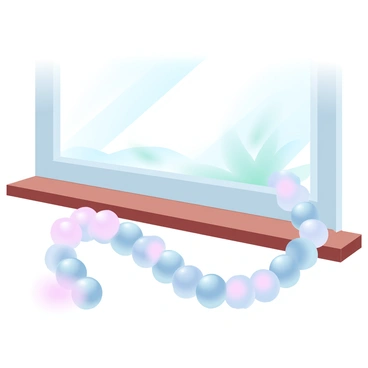 A pearl necklace with round, lustrous pearls is gently resting on a windowsill. The pearls display a subtle iridescence, reflecting soft pastel colors in the light. The windowsill is made of wood, showcasing a smooth surface that complements the necklace. Delicate morning sunlight filters through the window, casting gentle shadows and illuminating the pearls. In the background, there is a hint of greenery visible through the glass, enhancing the tranquil atmosphere.