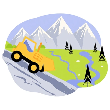 A bright yellow bulldozer is climbing a steep, rugged mountain path. The bulldozer's tracks dig into the rocky terrain, showing its progress upward. In the background, there are towering mountains with jagged peaks, and the sky is clear blue. Below, a lush green valley is visible, dotted with patches of trees and a winding river that glimmers in the sunlight. The scene conveys the challenge of the climb and the expansive view of the valley beneath.