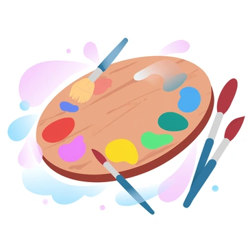 A large artist's palette is filled with a variety of colorful paints in vibrant hues. The palette has a distinctive wood grain texture and is surrounded by several paintbrushes of different sizes. Each blob of paint has a unique color, creating a spectrum that ranges from bright reds and oranges to deep blues and greens. The background features a soft gradient of pastel colors that enhances the vibrancy of the paint colors.