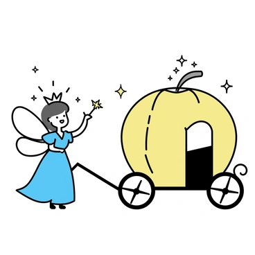 A fairy godmother, wearing a flowing blue dress and a silver tiara, is waving her wand gracefully. She stands beside a large, ornate pumpkin carriage, which is intricately carved and glowing with a warm, soft light. Sparkles are emanating from the tip of her wand, scattering around the carriage like tiny stars. The scene is set against a simple backdrop, with a few stars twinkling in the dark sky. The pumpkin carriage has elegant wheels and a door slightly ajar, inviting wonder.