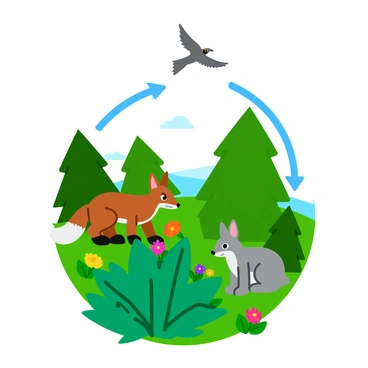 An illustration depicting a simple forest food chain with arrows connecting different animals