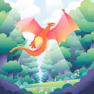 Charizard flying above a dense, mystical forest with its wings spread wide