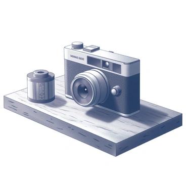 A vintage film camera positioned on a rustic wooden table. The camera has a textured body, metal accents, and an iconic lens protruding from the front. Beside the camera, there is a roll of film, its canister clearly visible. The wooden table showcases a rough, weathered surface with distinct grain patterns, enhancing the nostalgic feel of the scene. Natural light subtly illuminates the camera and film, casting soft shadows and highlighting the intricate details of the objects.