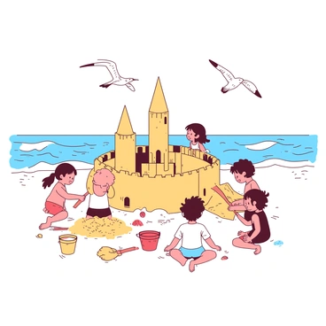 A group of children is focused on constructing a large sandcastle on the beach. The sandcastle is intricately designed with tall towers and a moat surrounding it. Some children are using small buckets and shovels, while others are adding decorative seashells to the structure. In the background, gentle waves are rolling in, creating a soft foam as they touch the shore. Overhead, a few seagulls are gliding through the sky, their wings stretched wide as they scan the beach for food. The scene is lively and captures the joy of a sunny day at the beach.