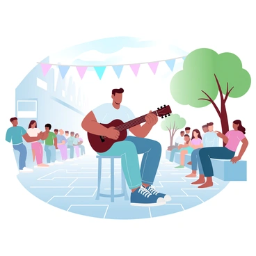 A street musician is playing a guitar while seated on a low stool in a busy city center. The musician is wearing a casual outfit, consisting of a t-shirt and jeans. Surrounding the musician is a diverse group of people, some are standing and others are sitting on nearby benches, enjoying the performance. Colorful banners decorate the area, and there are a few trees with vibrant green leaves in the background. The pavement is made of cobblestones, reflecting the lively atmosphere of the city.