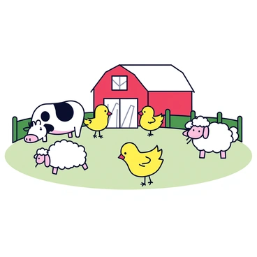 A quaint barnyard setting featuring several cartoon animals. In the foreground, there are two chickens with round bodies, one is yellow and the other is white, both standing on short legs. To the left, a cow with a large, black spot on its white body is grazing peacefully, its head lowered. Nearby, a fluffy sheep with a rounded shape and curly wool is munching on grass. The background consists of a simple red barn with a white door and a green fence surrounding the area. The ground is a flat, grassy surface.