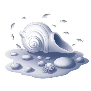 A conch shell positioned prominently within a tide pool. The shell is intricately textured, showcasing its spiral shape and ridges. Surrounding the shell are various small fish darting about, their forms clearly defined as they explore the underwater environment. Among the rocks and sand of the tide pool reside multiple sea anemones, their tentacles gently swaying with the water currents. The overall composition captures the richness of marine life in this small ecosystem.