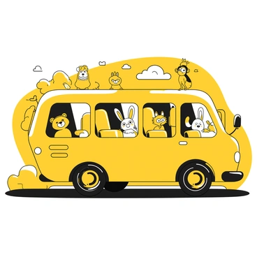 A whimsical bus with a rounded shape and oversized wheels is parked on a road. The bus is filled with cartoon animals, each peering out of the windows with expressions of curiosity and joy. A bear with a friendly smile sits in one window, while a rabbit with long ears leans out of another. A parrot is perched on the bus roof, flapping its wings. Inside the bus, there are colorful seats and a few more animals, such as a playful monkey and a sleepy cat, all engaged in their interactions. The background features trees and clouds, adding to the cheerful atmosphere.