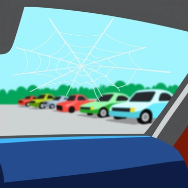 A car windshield with a large, jagged spiderweb-like crack spreading from the center. The crack features intricate patterns radiating outward, resembling a network of branches. The glass around the crack is slightly distorted, with hints of light shimmering through. The background shows a blurred view of a parking lot filled with other vehicles.