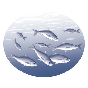 A large school of fish swimming together in the open ocean. The fish are arranged in a fluid, cohesive formation, creating dynamic shapes as they move. Their bodies reflect light with shimmering scales, and they are surrounded by the expansive blue of the ocean water. The background features faint ripples on the water's surface, suggesting gentle waves above. Some fish are positioned closer to the viewer, while others are further back in the school, adding depth to the scene.