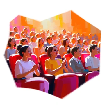 A crowded theater audience is seated in plush red chairs, each person showing bright smiles as they watch the performance. The audience members, of diverse ages and backgrounds, are dressed in various outfits, some in formal attire and others in casual wear. Their eyes are focused on the stage, reflecting excitement and joy. Although they are clapping silently, their hands are raised in applause, creating a visual of enthusiasm and appreciation for the performance. The warm lighting of the theater creates a lively atmosphere, enhancing the cheerful expressions on their faces.