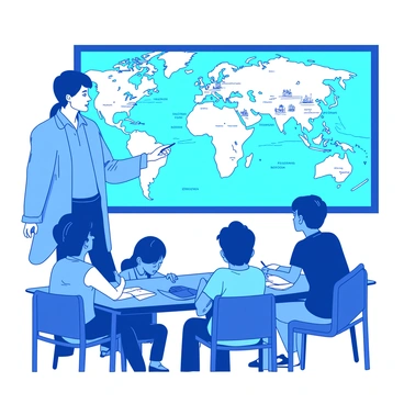 A blue history teacher is standing in front of a large world map that is mounted on the wall. The map is filled with various historical markers and illustrations of events. The teacher is pointing to a specific location on the map with a focused expression, clearly engaged in the explanation. In front of the teacher, there are several captivated students seated at desks, looking attentively towards the map. They display a range of expressions including curiosity and interest, with some taking notes and others leaning forward in their seats to hear better. The classroom is bright, with light streaming in through windows, highlighting the vibrant colors of the map and the students' notebooks.