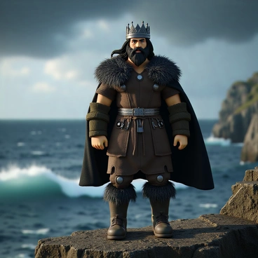 A rugged Viking leader with long, braided dark hair and a thick beard, wearing a simple but powerful iron crown adorned with intricate engravings. He is dressed in a leather tunic with fur accents, showcasing his strong physique. The leader stands confidently on a rocky cliff, overlooking a stormy sea below. His piercing blue eyes gaze into the distance, while the wind blows through his hair and cloak, creating a dynamic atmosphere. In the background, dark clouds gather, hinting at an impending storm.