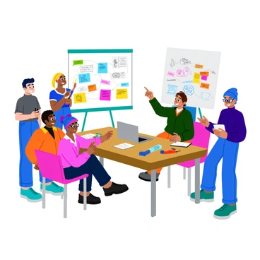 A group of animation interns brainstorming ideas on a colorful whiteboard