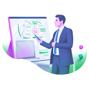 A modern pastel illustration featuring a businessman in a tailored suit standing in front of a transparent glass board. The businessman is using a blue marker to draw a complex strategy diagram, which includes arrows, circles, and labeled sections. The background contains soft pastel-colored shapes, and a glimpse of an office setting can be seen, including a sleek desk and a computer. The businessman's expression shows concentration as he focuses on his drawing.