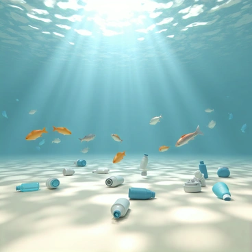 An underwater view of the Ganges River, showcasing a variety of fish swimming gracefully amidst an array of discarded plastic bottles. The water is clear, revealing the vibrant colors of the fish, which include bright orange, blue, and silver scales. The plastic bottles, in various shapes and sizes, are scattered across the riverbed, contrasting sharply with the natural surroundings. Sunlight filters through the water, creating dappled patterns on the sandy bottom. The scene captures the tension between the serene beauty of aquatic life and the impact of pollution.