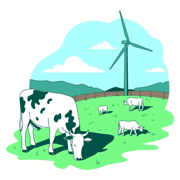 A white cow with black spots is grazing on lush green grass in a sunny pasture. Nearby, a teal wind turbine stands tall, its blades rotating slowly. The sky above is clear, and a few fluffy white clouds drift by. In the background, additional cows can be seen peacefully grazing, while a wooden fence outlines the edge of the pasture. The sun casts soft shadows, creating a tranquil atmosphere.