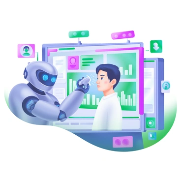 A modern pastel illustration of a sleek, metallic robot with glowing blue eyes, positioned in front of a human face for recognition. The robot's arm is extended, equipped with a scanning device that emits a soft light towards the person's face. The human, a young adult with a focused expression, stands against a high-tech backdrop filled with digital screens displaying facial recognition data and graphs. Surrounding them are various futuristic devices and panels that suggest advanced technology, all rendered in soft pastel colors.