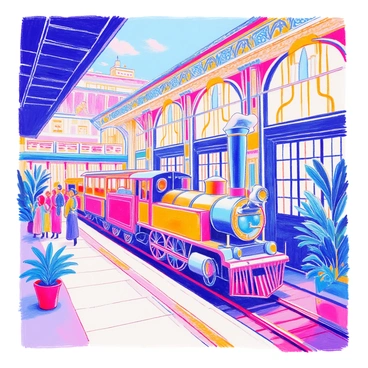An art deco train station features large, ornate windows adorned with geometric patterns and elegant frames. The station's façade displays intricate architectural details, including stylized motifs and bold lines. In front of the station, a vintage steam train is parked on the tracks, showcasing its glistening metal body and classic features, like a curved front and billowing steam. The platform is bustling with travelers dressed in period-appropriate attire, waiting to board the train. Lush potted plants line the edges of the station, adding a touch of greenery to the scene.