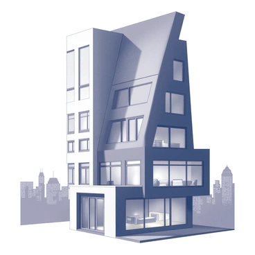 A high-rise apartment building stands tall, showcasing angular architectural features and a sleek glass facade. The expansive windows reflect the twilight sky, which is transitioning to deep shades. Inside the apartment, there is a modern living space with a large window providing a panoramic view of the city skyline. The skyline is dotted with various buildings, some with intricate designs and others with simple outlines. The scene conveys the transition from day to night, with the city lights beginning to twinkle in the distance.