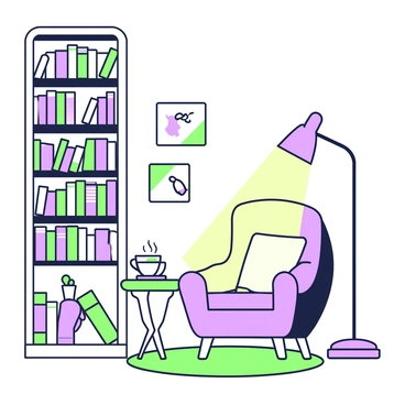 A cozy reading nook is nestled in a corner of a room. To the left, there are tall bookshelves filled with numerous books, some stacked horizontally. The shelves also display a few decorative items, such as small plants and picture frames. In the center, there is a comfy chair with soft cushions, positioned next to a small wooden side table. On the table, there is a steaming cup of tea and a pair of reading glasses. Above, warm lighting emanates from a stylish floor lamp, creating an inviting atmosphere. A soft rug lies beneath the chair, enhancing the comfort of the nook.