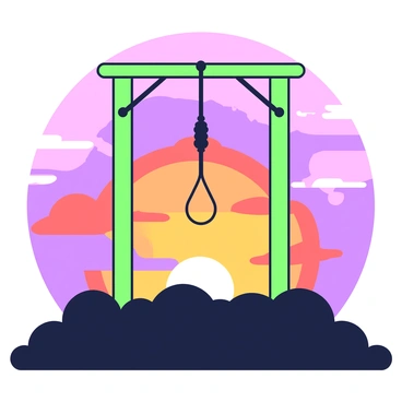 A silhouette of a gallows stands prominently against a vivid sunset. The gallows has a strong, sturdy frame with a horizontal beam and a noose hanging down. The sky is filled with dramatic colors, blending shades of orange, pink, and purple as the sun sets on the horizon. The outline of the gallows contrasts sharply with the bright sky, creating a striking visual. Below, the ground is darkened, adding to the focus on the silhouette above.