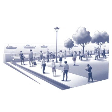 A busy promenade along the water's edge. The scene shows several people walking, some holding hands while others carry bags. There are various street performers in the area, including a musician playing a guitar and a juggler showcasing their skills. In the background, a row of trees provides shade, and there are benches where some spectators are seated, enjoying the entertainment. Several boats can be seen in the water, adding to the lively atmosphere.