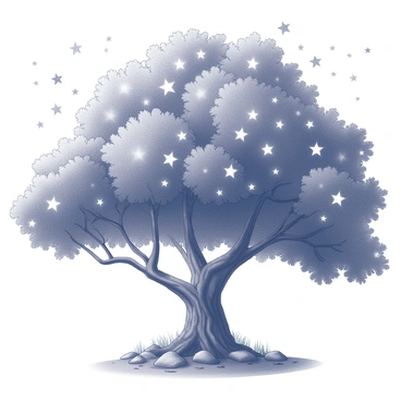 A large Bodhi tree with a thick trunk and spreading branches is depicted in the center of the image. The leaves are dense and lush, providing a textured canopy. The ground is covered with small rocks and patches of grass surrounding the base of the tree. Above, a night sky is filled with numerous twinkling stars arranged in a celestial pattern. The stars vary in size and brightness, contributing to the enchanting scene. The atmosphere appears tranquil and calm, evoking a sense of peace beneath the Bodhi tree.