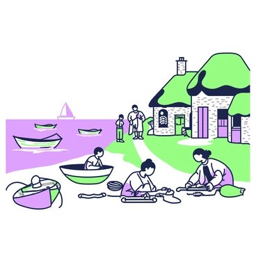 A Gaulois village is situated near the sea, characterized by thatched-roof houses made of wood and stone, arranged along a narrow path leading down to the shoreline. In the foreground, several fishing boats are anchored in the water, their hulls bobbing gently with the waves. Villagers are engaged in various activities, with some sitting on the sandy beach mending fishing nets, their hands skillfully working with twine. Other villagers are standing nearby, discussing the day's catch. The scene conveys a sense of community and daily life, with the sea stretching out behind the village, dotted with distant silhouettes of more boats.