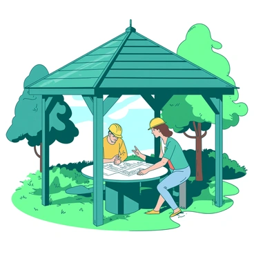 A contractor meeting with a client under a gazebo on a sunny afternoon